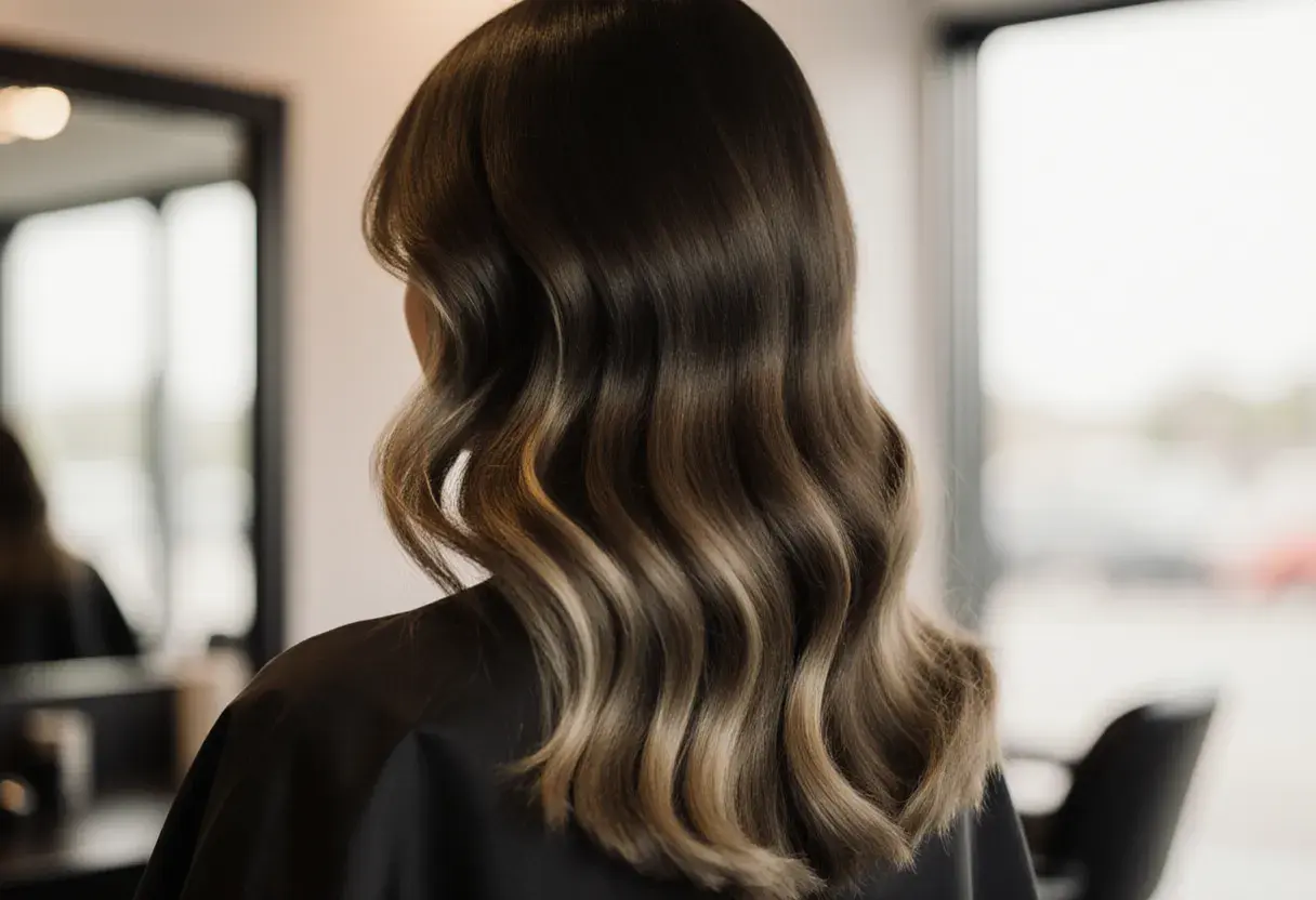 Glossy dimensional mushroom brown hair color on long waves at The Look Hair Salon in Glendale